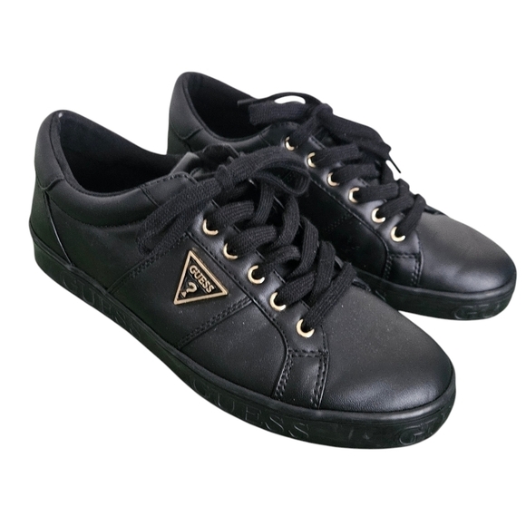 GUESS Black Leather Astrey Gold detail laced sneakers size 10 - Picture 1 of 7